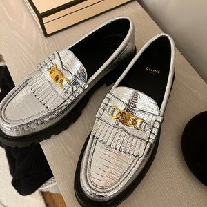 Celine Margaret Triomphe loafer in Silver, size 40.5
